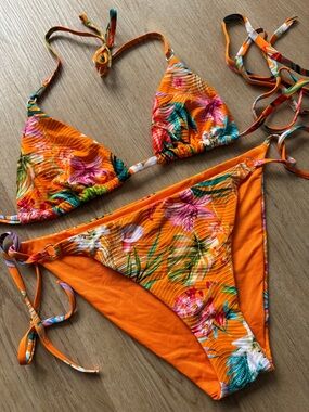 Vibrant Orange Floral String Bikini Set
